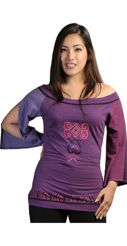 Ladies Cotton 3/4 sleeved Tops T-shirt with embroidery-Purple shades